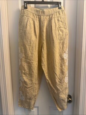 Women's Tan Cropped Linen Pants with White Floral Embroidery - Anthropology